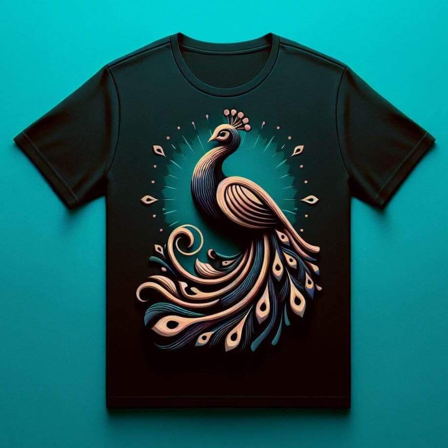 Elegant Peacock Print Black Cotton Half Sleeve T - Shirt - Acquires