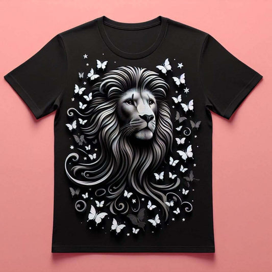 Enchanting Butterfly Lion Black Cotton Half Sleeve T - Shirt - Acquires