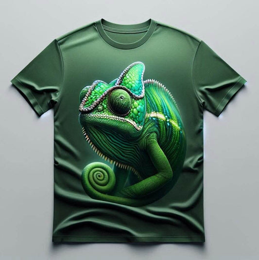 Exotic Round Neck Cotton Green Chameleon Half Sleeve Tee - Acquires