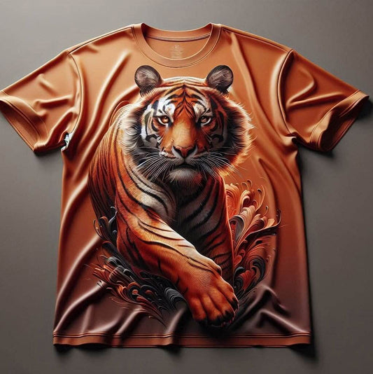 Fierce Orange Tiger Bold Round Neck Casual Half Sleeve Cotton T - Shirt - Acquires