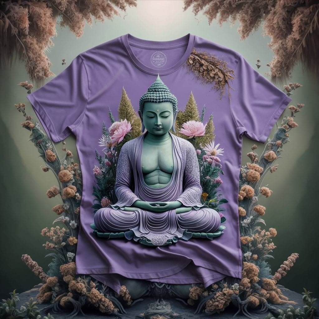 Floral Bliss Buddha Light Purple Round Neck Half Sleeve Cotton T - Shirt - Acquires