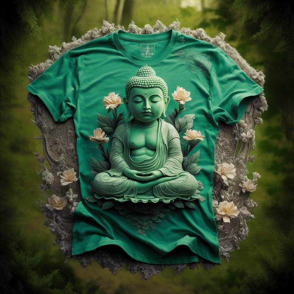 Floral Buddha Green Peace Round Neck Half Sleeve Cotton T - Shirt - Acquires