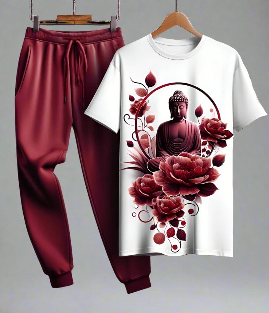 Floral Buddha White T - Shirt with Maroon Trackpant Tracksuit Set - Acquires