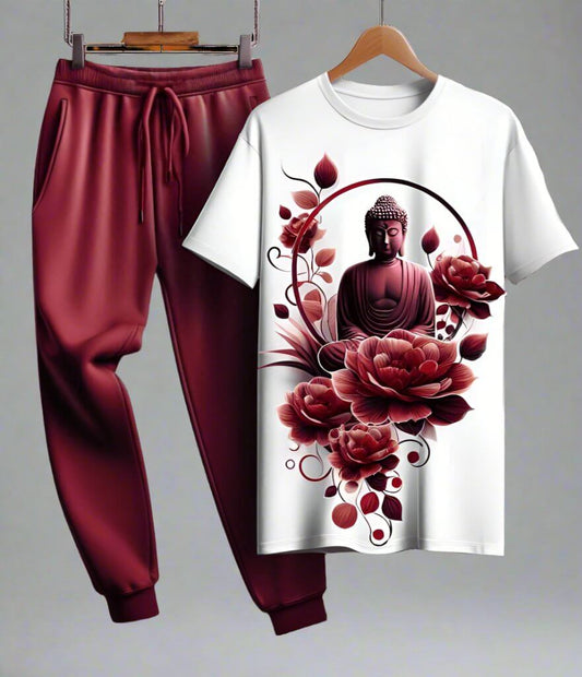 Floral Buddha White T - Shirt with Maroon Trackpant Tracksuit Set - Acquires