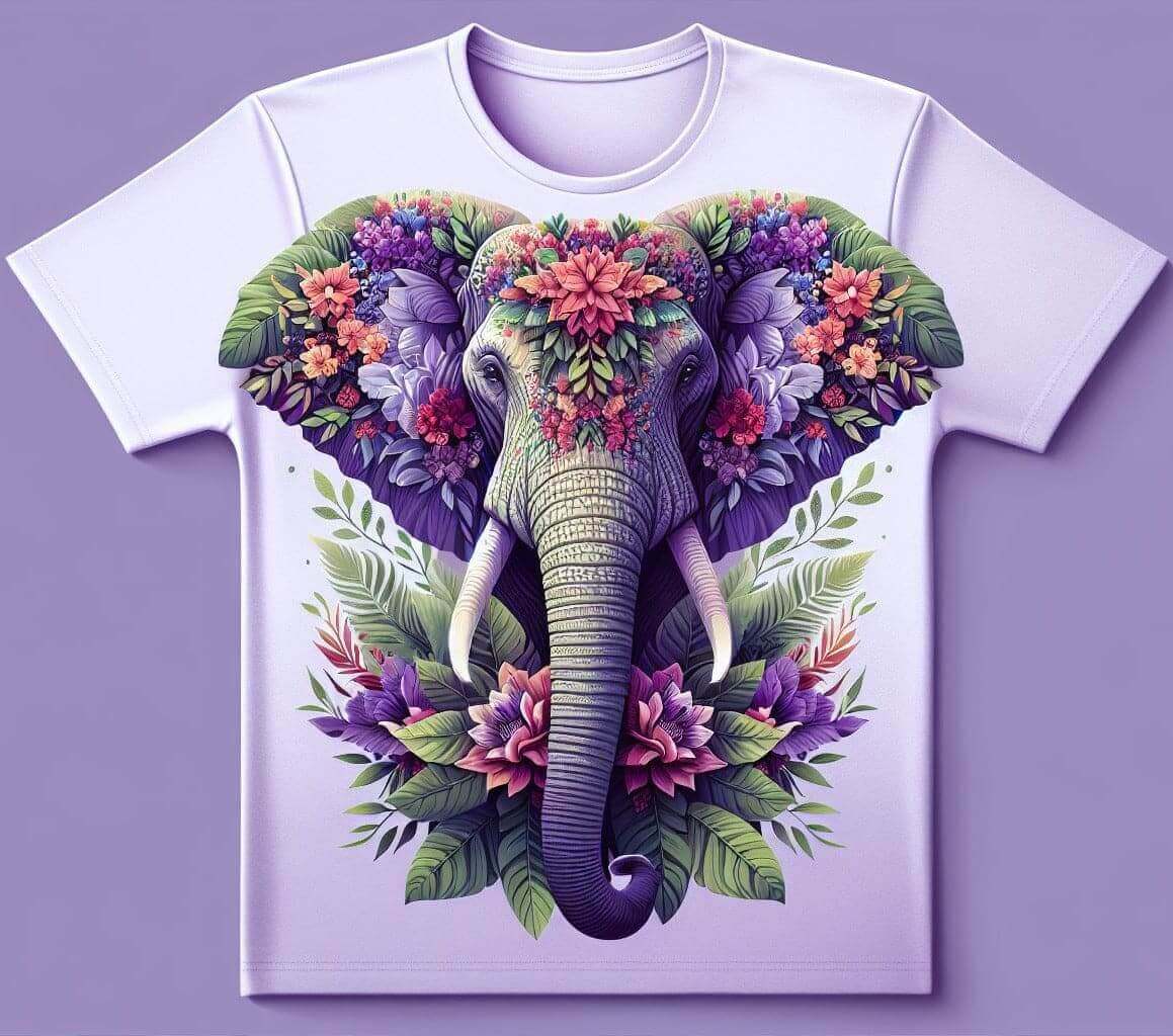 Floral Elephant Purple Cotton Half Sleeve T - Shirt - Acquires