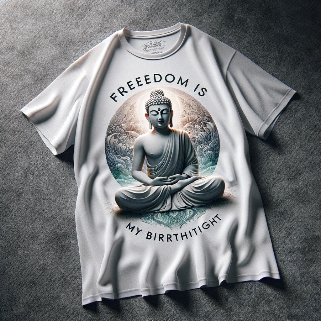 Freedom is my birth right Buddha White Cotton Half Sleeve T - Shirt - Acquires