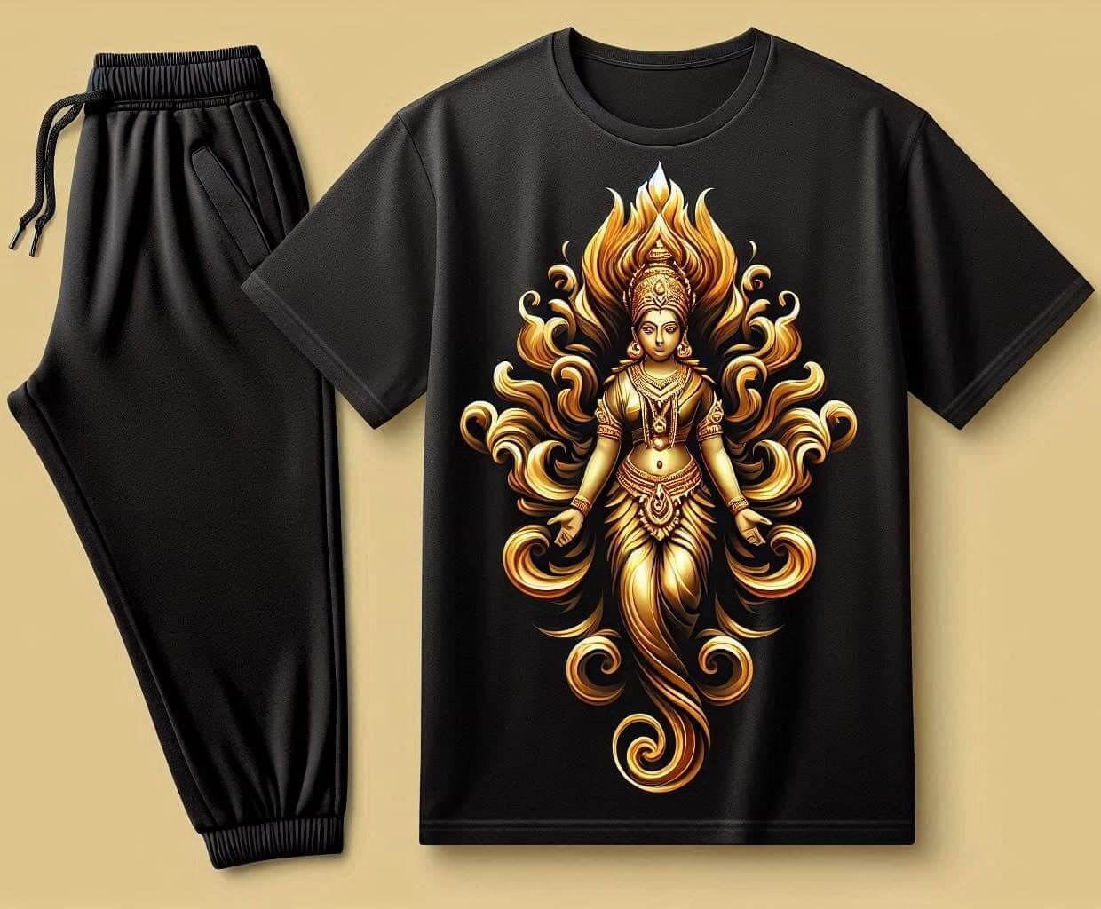 Furious Goddess Lakshmi Black Tracksuit Set with Plain Pant - Acquires