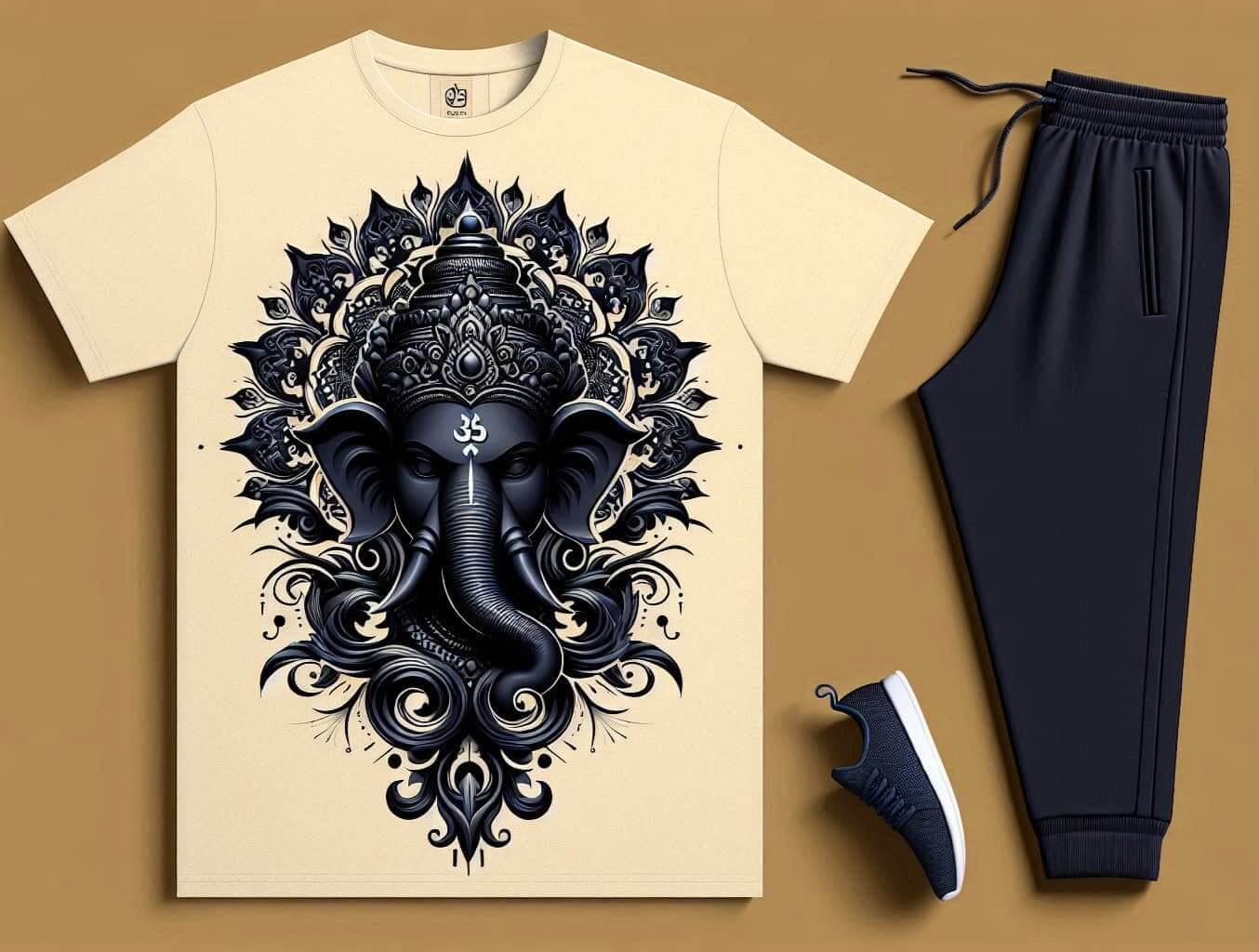 Ganapati's Blessings White T - Shirt with Black Trackpant Tracksuit Set - Acquires