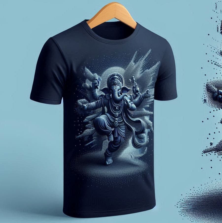 Ganesh Adoration Midnight Navy Blue Round Neck Half Sleeve Cotton T - Shirt - Acquires