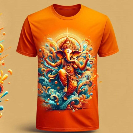 Ganesh's Fiery Grace Bold Orange Round Neck Half Sleeve Cotton T - Shirt - Acquires