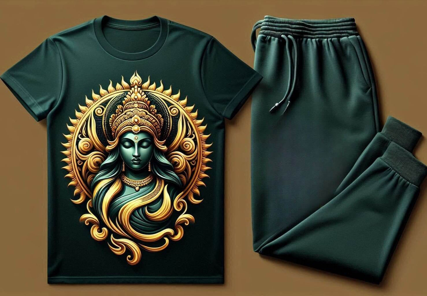 Goddess Lakshmi Elegance Green Tracksuit Set with Plain Pants - Acquires