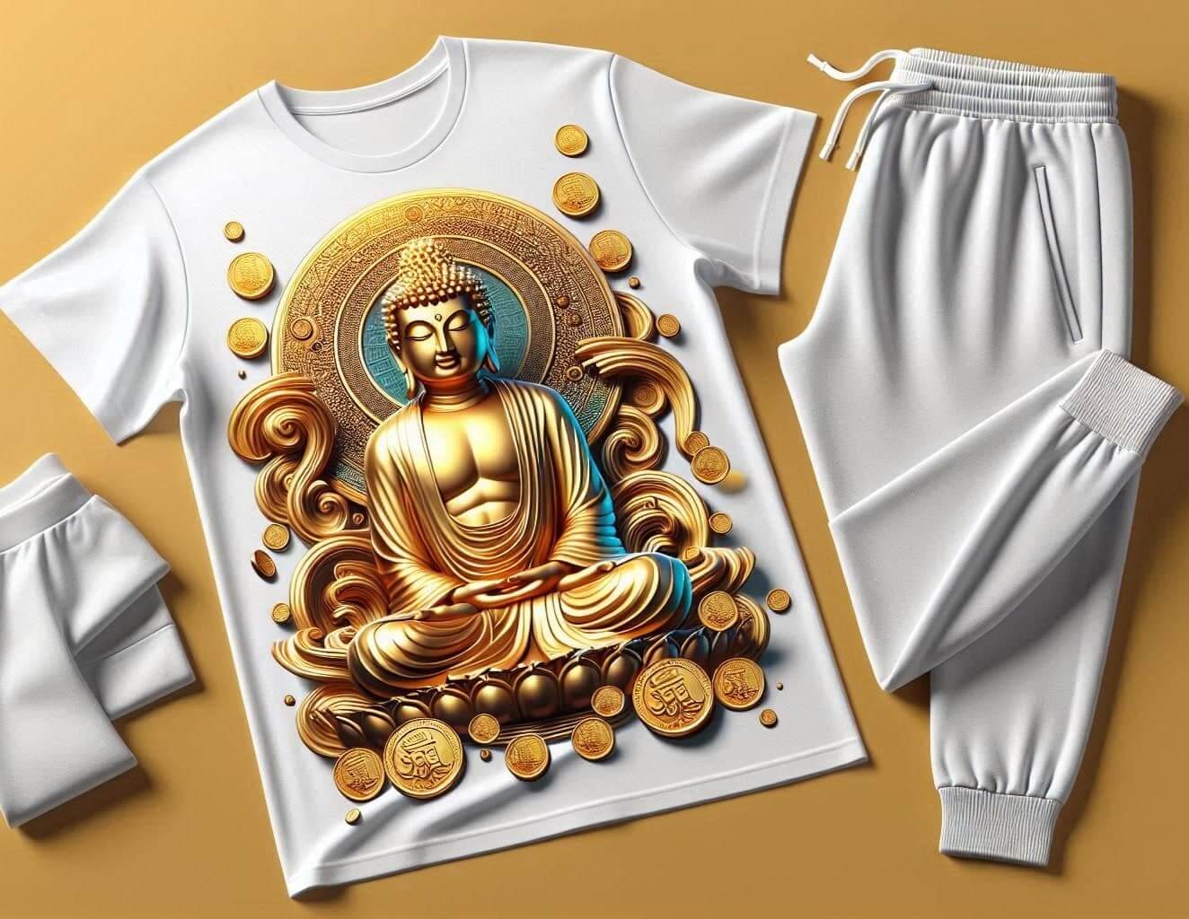 Golden Grace Buddha White Tracksuit Set with Plain Pant - Acquires