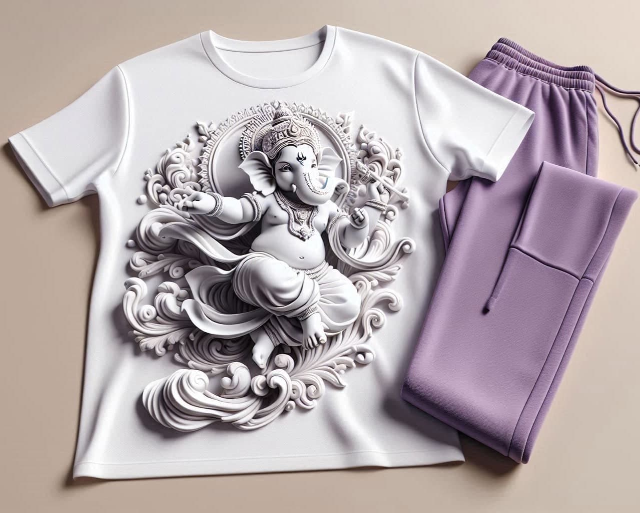 Gracious Ganapati White T - Shirt with Lavender Trackpant Tracksuit Set - Acquires