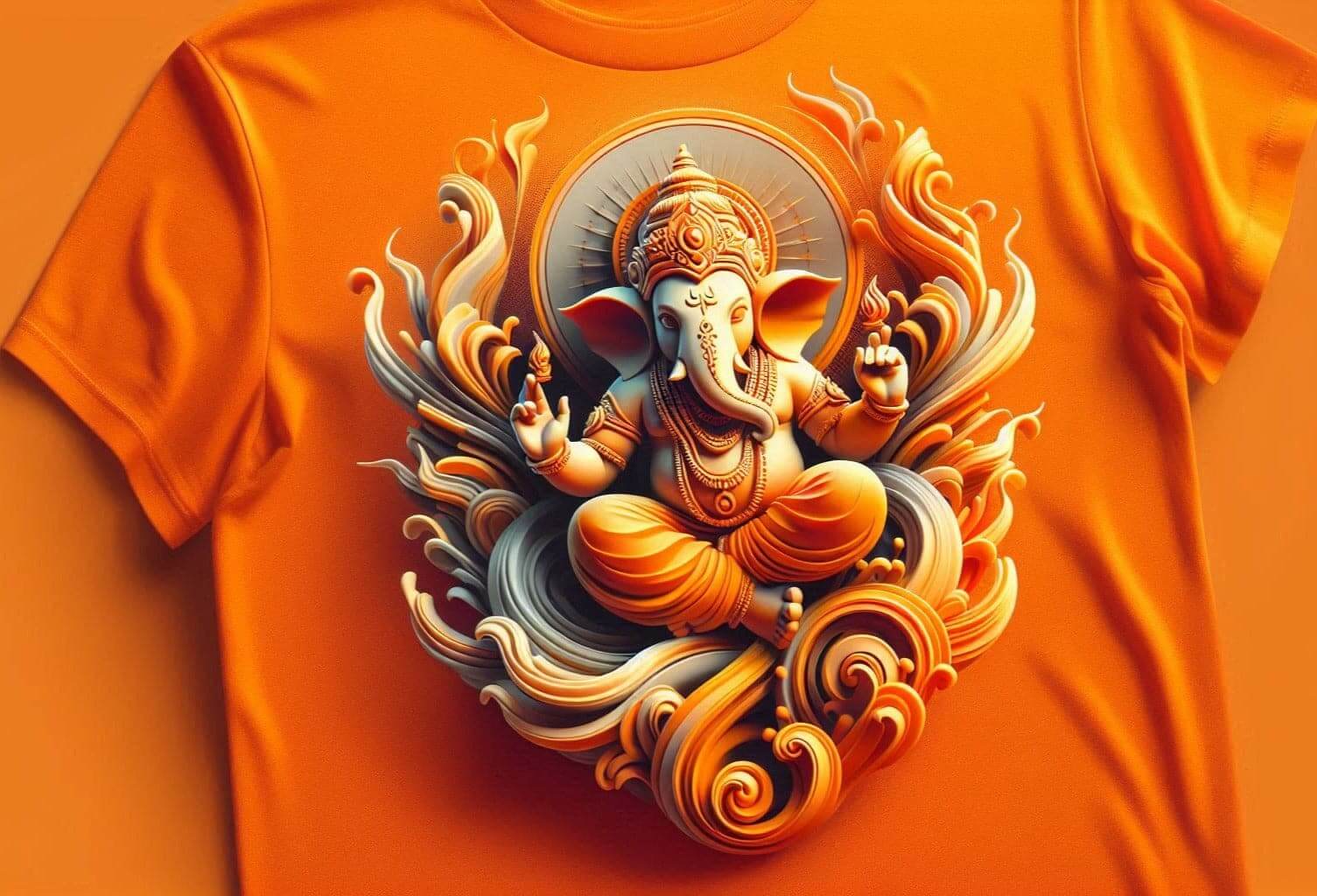 Gracious Ganesh Vibrant Orange Round Neck Half Sleeve Cotton T - Shirt - Acquires