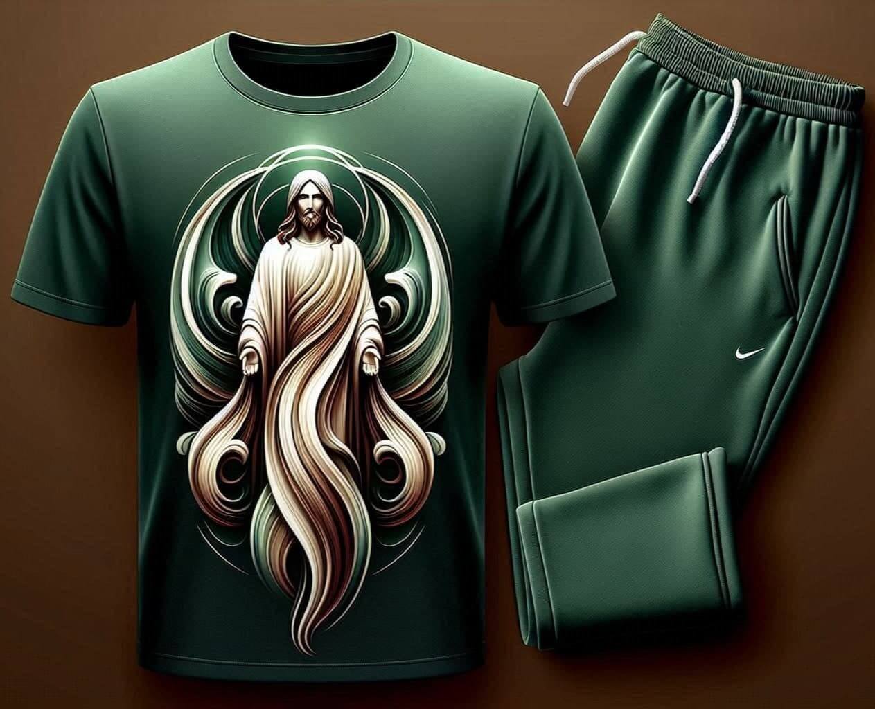 Green Gospel Jesus Tracksuit Set with Plain Pant - Acquires