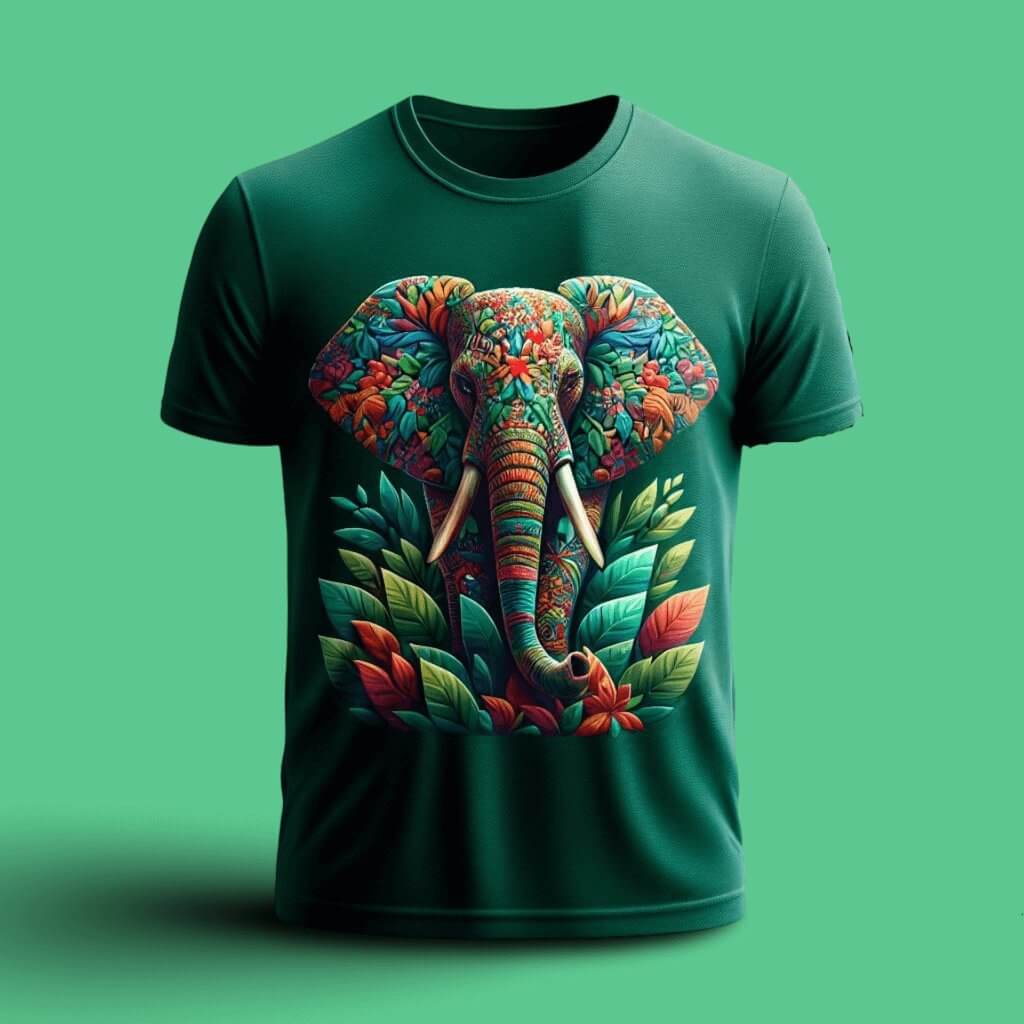 Green Tropical Elephant Design Printed Round Neck Short Sleeve Cotton T - Shirt - Acquires