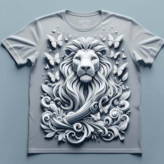 Grey Lion with Butterflies Tee for Majestic Whimsy - Acquires