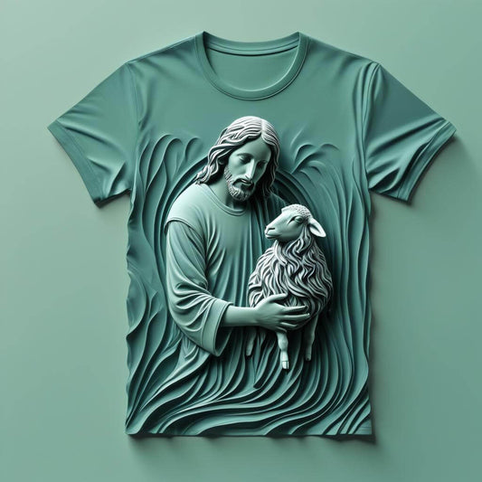 Jesus Holding Lamb Pastoral Peace Green T-shirt