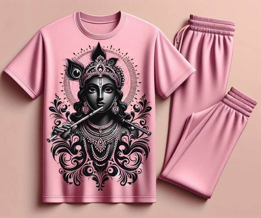 Krishna in Vrindavan Pink Tracksuit Set with Plain Pant - Acquires