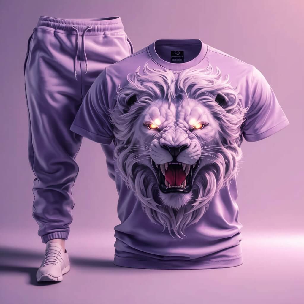 Lavender Fury Snarling Lion Graphic T - Shirt & Jogger Combo - Acquires