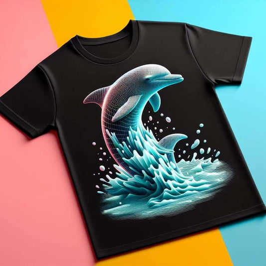 Leaping Dolphin Black Short Sleeve Cotton Round Neck T - Shirt - Acquires