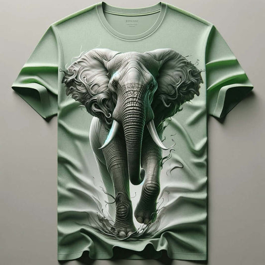 Light Green Elephant Short Sleeve Cotton Round Neck T - Shirt - Acquires