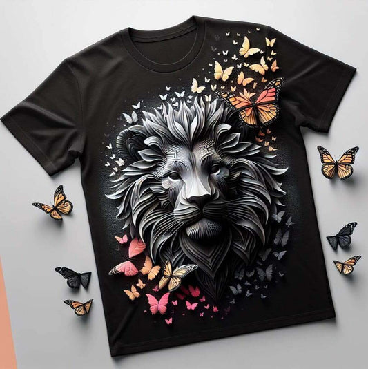 Lion Butterfly Flower Black Short Sleeve Cotton Round Neck T - Shirt - Acquires