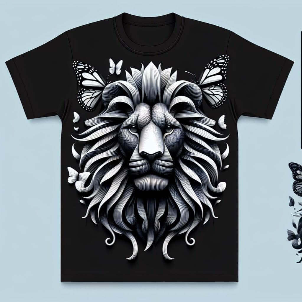 Lion Head Butterfly Graphic Black Short Sleeve Cotton Round Neck T - Shirt - Acquires