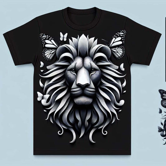 Lion Head Butterfly Graphic Black Short Sleeve Cotton Round Neck T - Shirt - Acquires