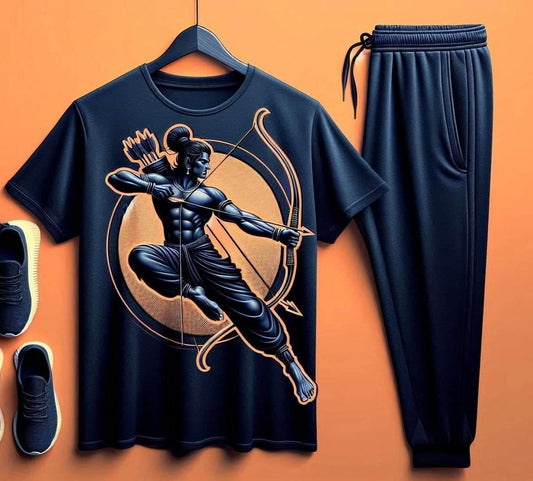 Lord Ayodhya Rama with Bow Navy Blue Tracksuit Set with Plain Pant - Acquires