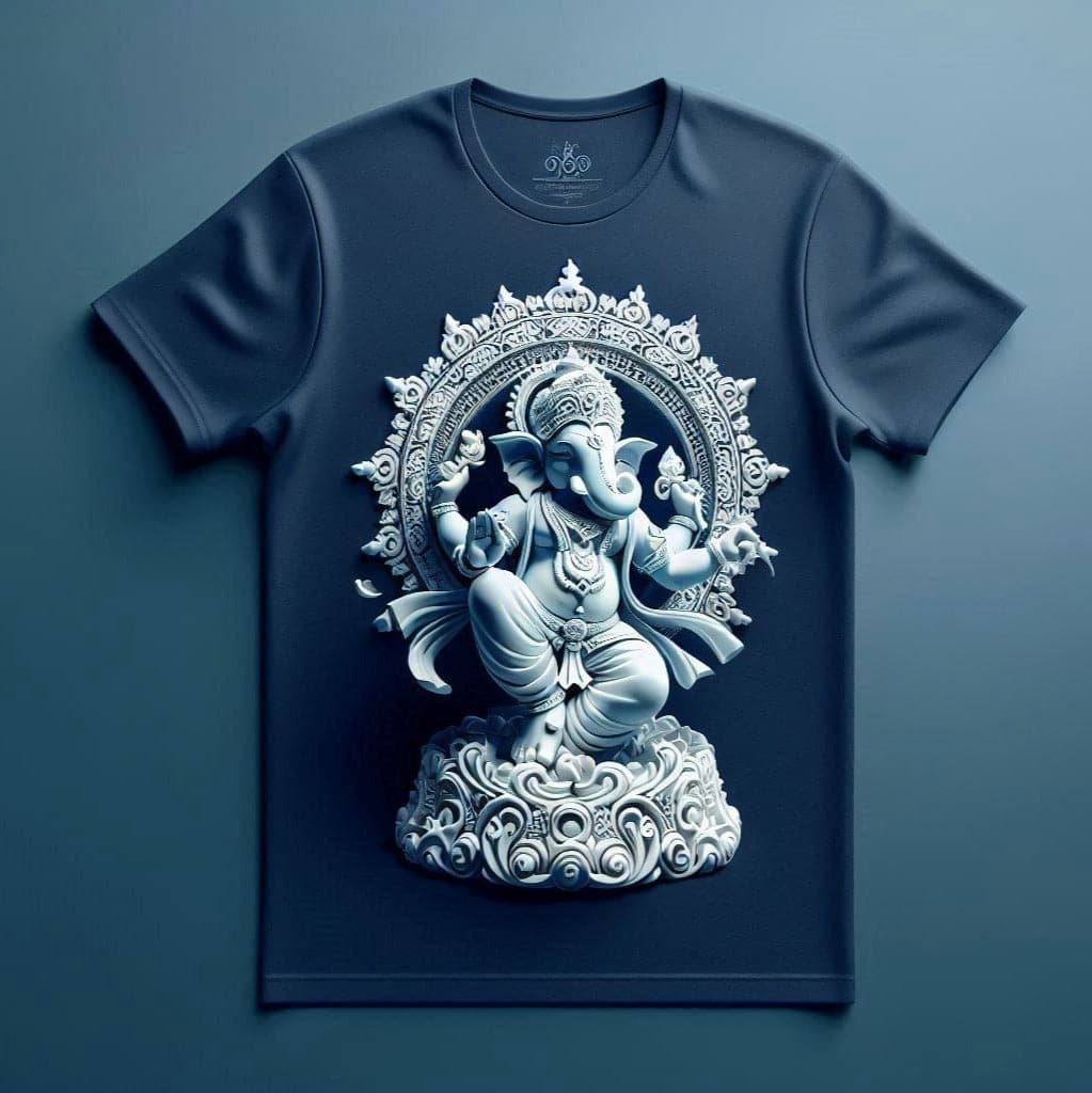 Lord Ganapati Eternal Blessing Deep Navy Round Neck Half Sleeve Cotton T - Shirt - Acquires