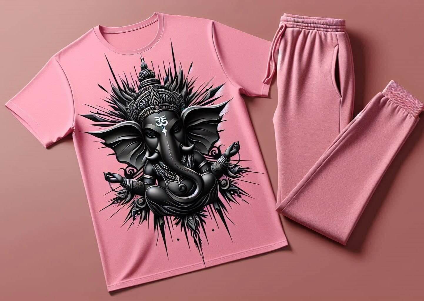 Lord Ganesha's Blessings Pink Tracksuit Set with Plain Pant - Acquires