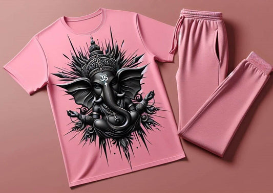 Lord Ganesha's Blessings Pink Tracksuit Set with Plain Pant - Acquires