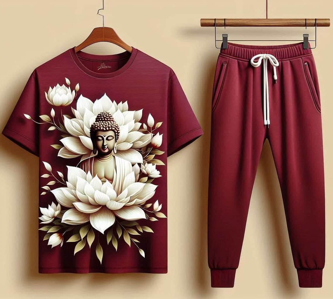 Lotus Buddha Maroon Tracksuit Set with Plain Pant - Acquires