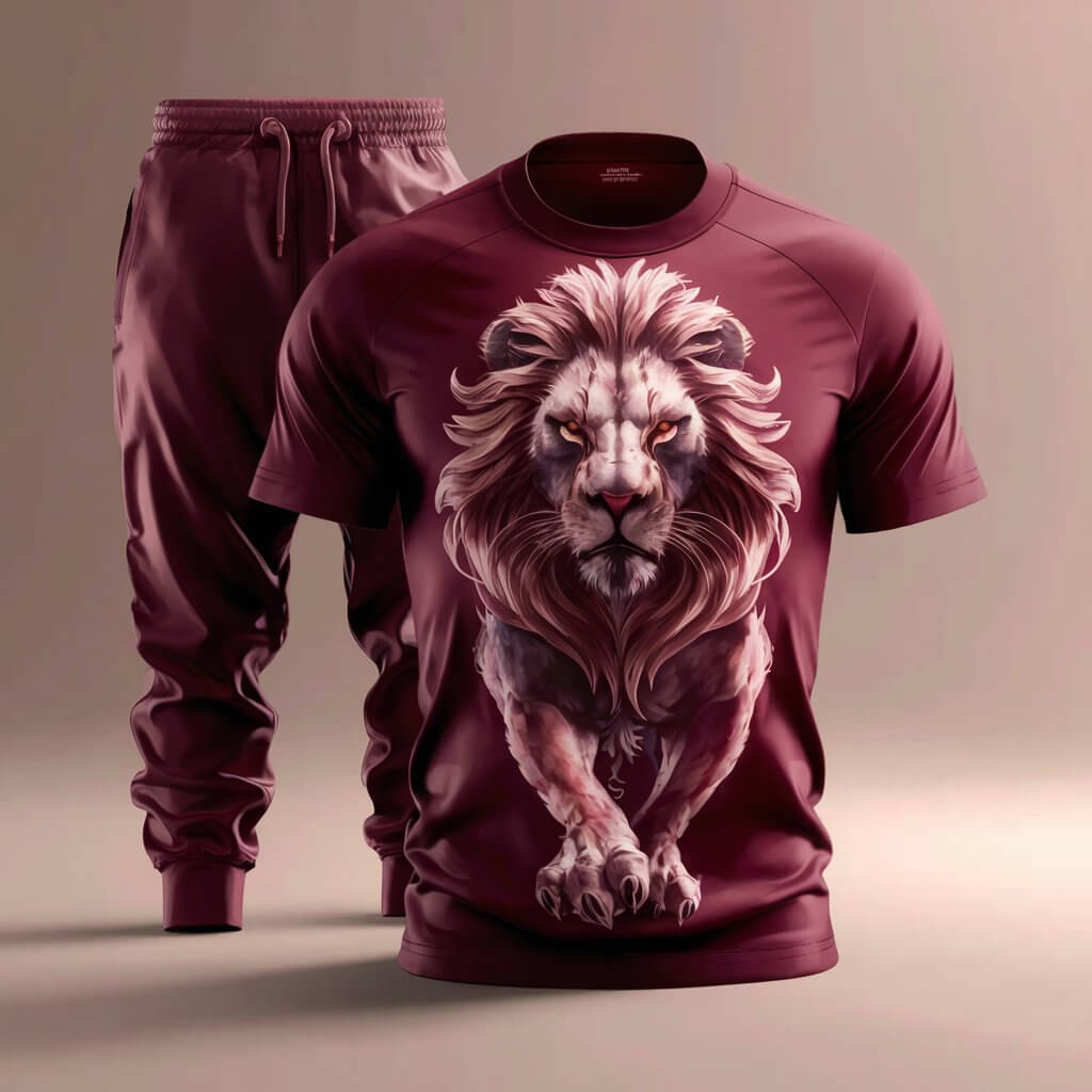 Maroon Beast Lion Charge Graphic T - Shirt & Track Pant - Acquires