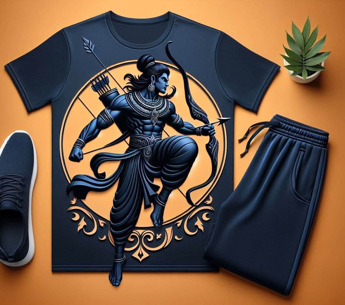 Mighty Lord Rama Navy Blue Tracksuit Set with Plain Pants - Acquires