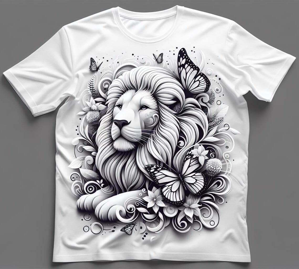 Monochrome Lion Butterfly Grey Short Sleeve Cotton Round Neck T - Shirt - Acquires