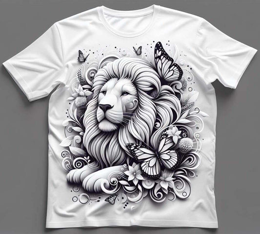 Monochrome Lion Butterfly Grey Short Sleeve Cotton Round Neck T - Shirt - Acquires