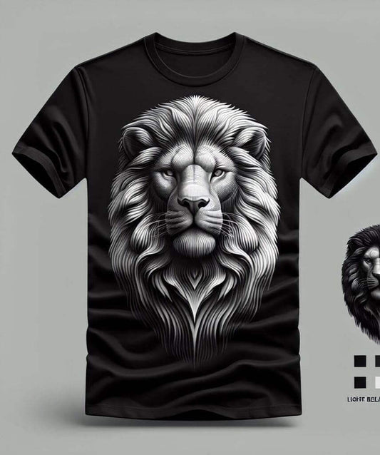 Monochrome Lion Graphic Black Short Sleeve Cotton Round Neck T - Shirt - Acquires