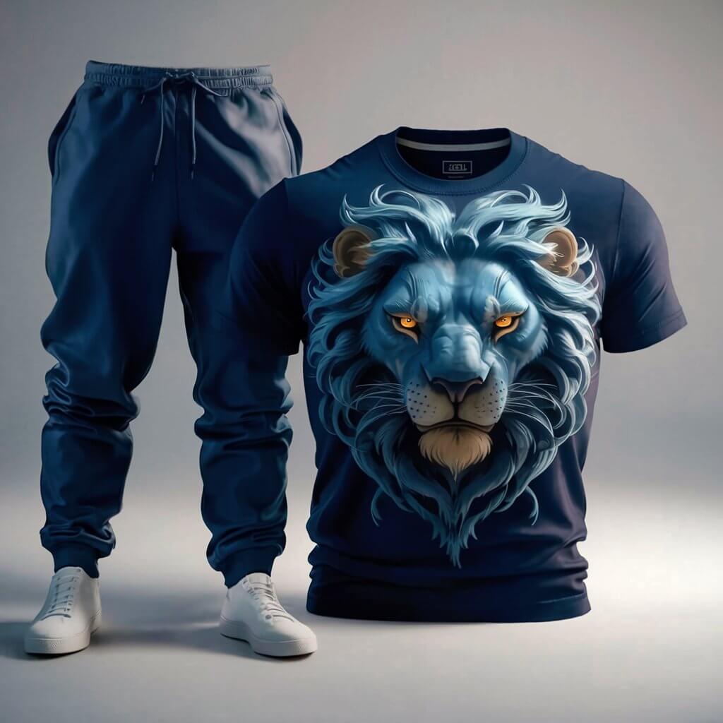 Moon Light Blue Lion Print Crewneck T - Shirt - Acquires