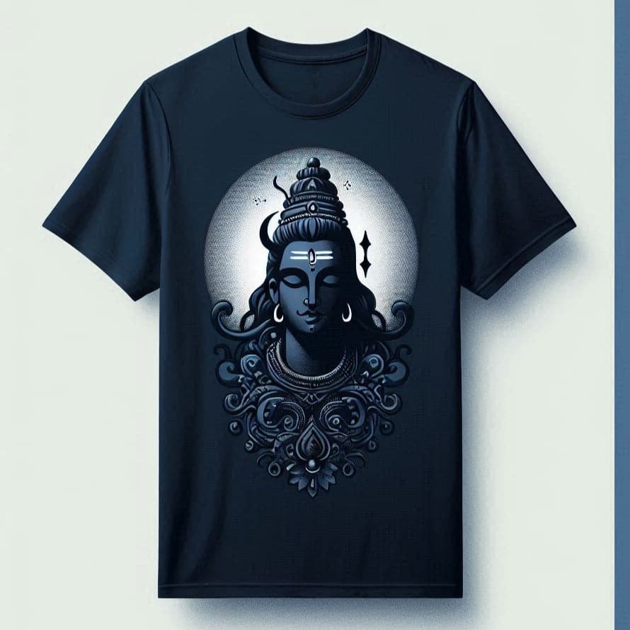 Moonlit Shiva Prussian Blue Round Neck Half Sleeve Cotton T - Shirt - Acquires