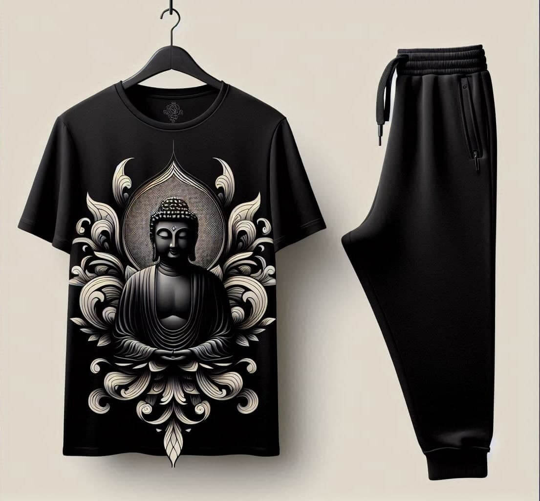 Mystic Buddha Black Tracksuit Set with Plain Pant - Acquires