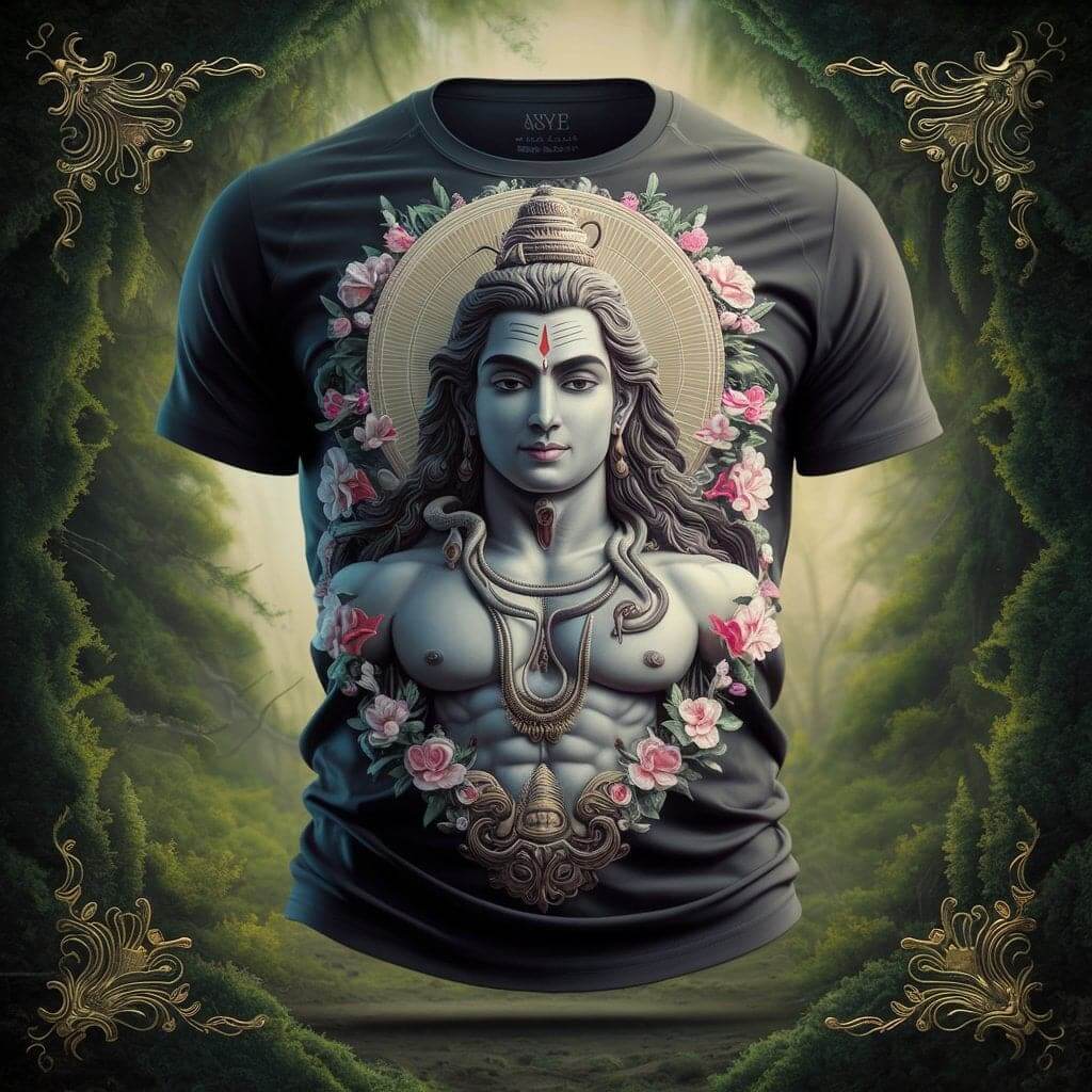 Mystic Shiva Floral Jet Black Round Neck Half Sleeve Cotton T - Shirt - Acquires