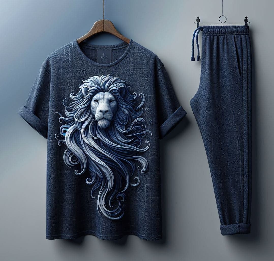 Navy Blue Awesome Lion Design T - Shirt and Track Pant - Acquires