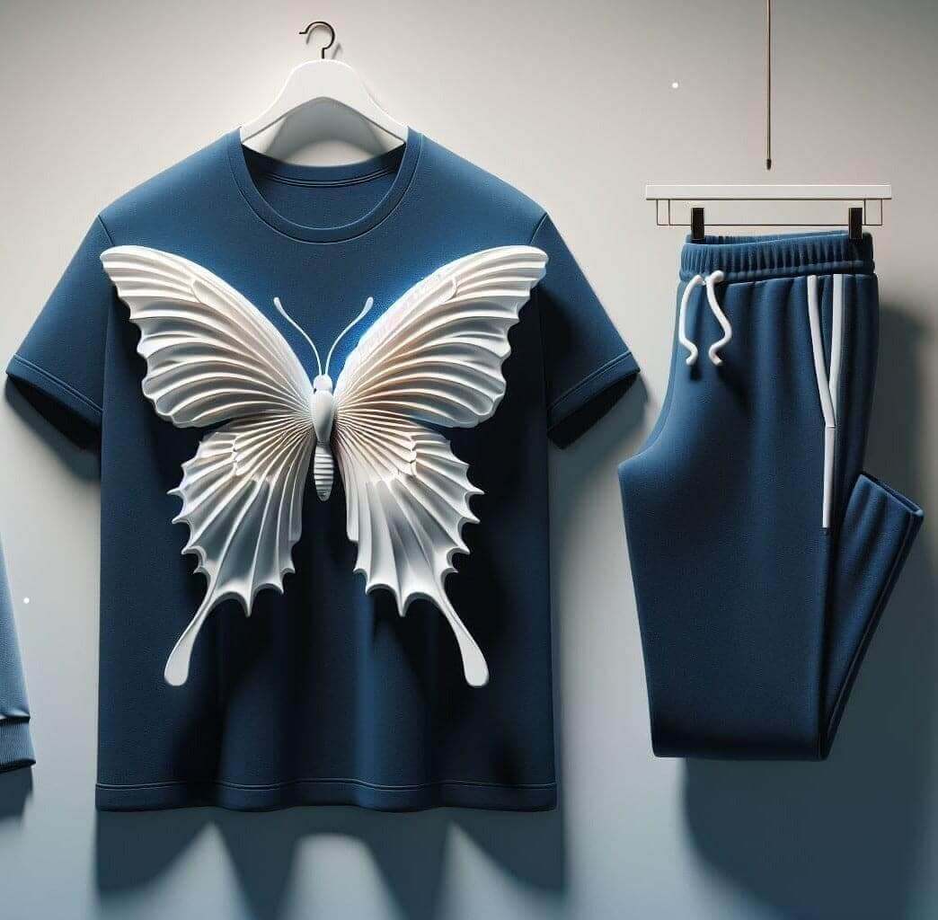 Navy Blue Fluttery Butterfly Designed T - Shirt and Sleek Track Pant - Acquires