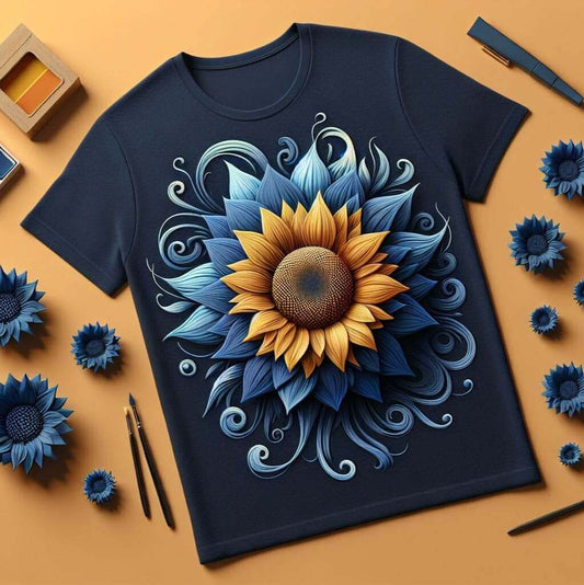 Navy Blue Sunflower Symphony with Butterflies Design Printed Round Neck Short Sleeve Cotton T - Shirt - Acquires