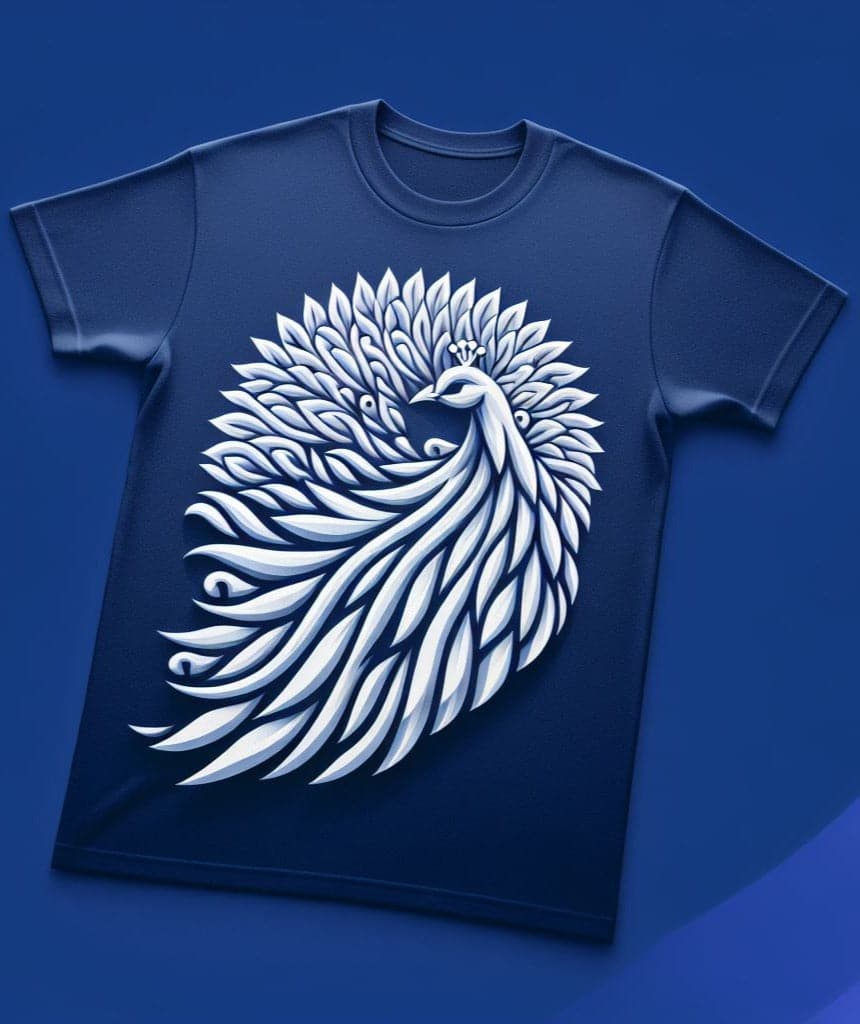 Navy Blue Swirling Feathers Peacock Design Printed Round Neck Short Sleeve Cotton T - Shirt - Acquires