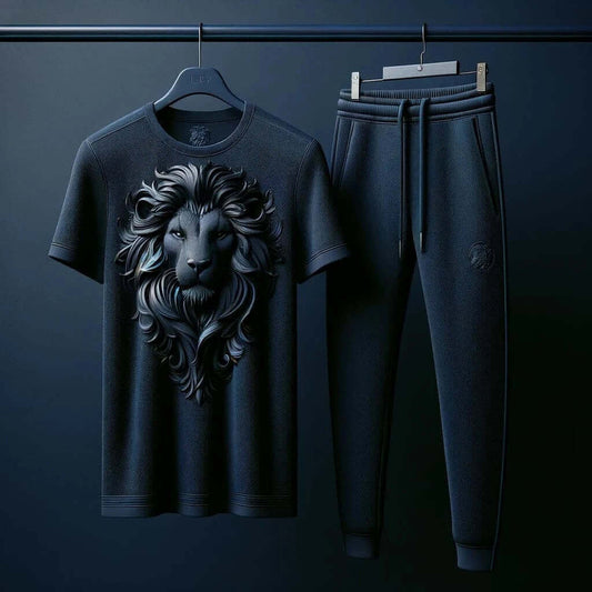 Navy Blue T - Shirt with 3D Lion Design & Track Pant - Acquires