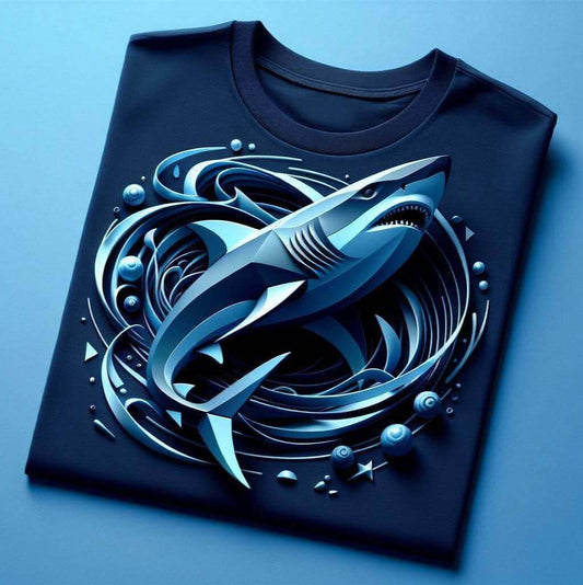 Oceanic Whirl Shark Navy Blue Short Sleeve Cotton Round Neck T - Shirt - Acquires