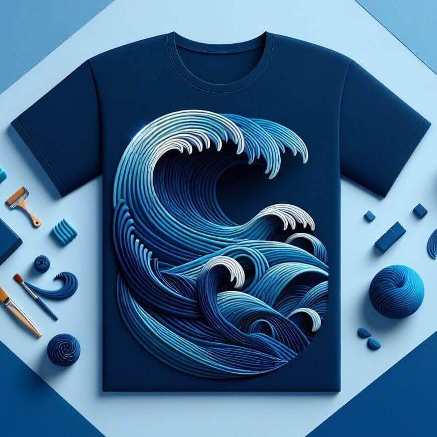 Ocean's Navy Blue Rhythm Wave Short Sleeve Cotton Round Neck T - Shirt - Acquires